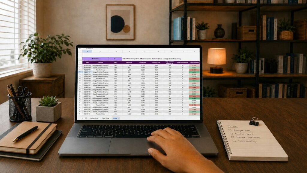Laptop showing a spreadsheet of data ready to summarize with a pivot table